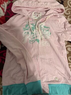 True Religion Light Pink Zip Hoodie with Teal Trim